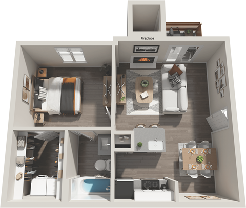 Floor plan for 1 bed, 1 bath, 607 sqft